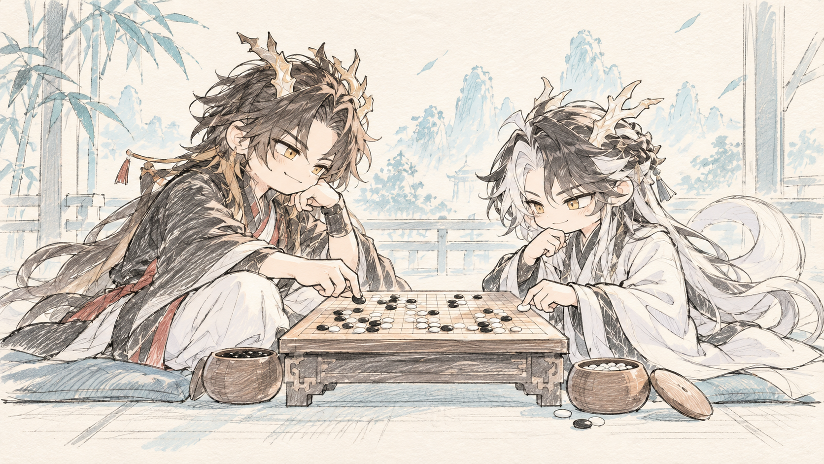 重岳与望在棋桌两侧对弈